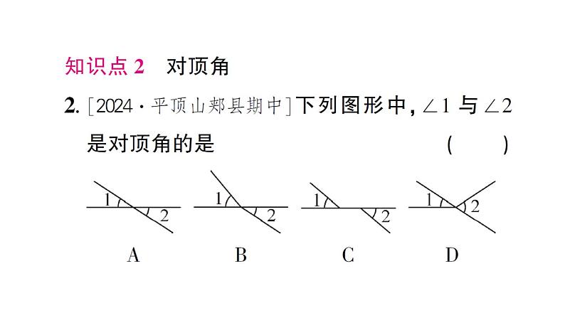 初中数学新北师大版七年级下册第二章1 两条直线的位置关系第一课时 对顶角、补角和余角作业课件2025春第3页