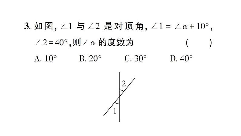 初中数学新北师大版七年级下册第二章1 两条直线的位置关系第一课时 对顶角、补角和余角作业课件2025春第4页