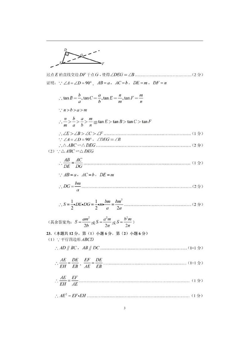 2025年上海市金山区初三数学一模试卷答案和评分标准第3页