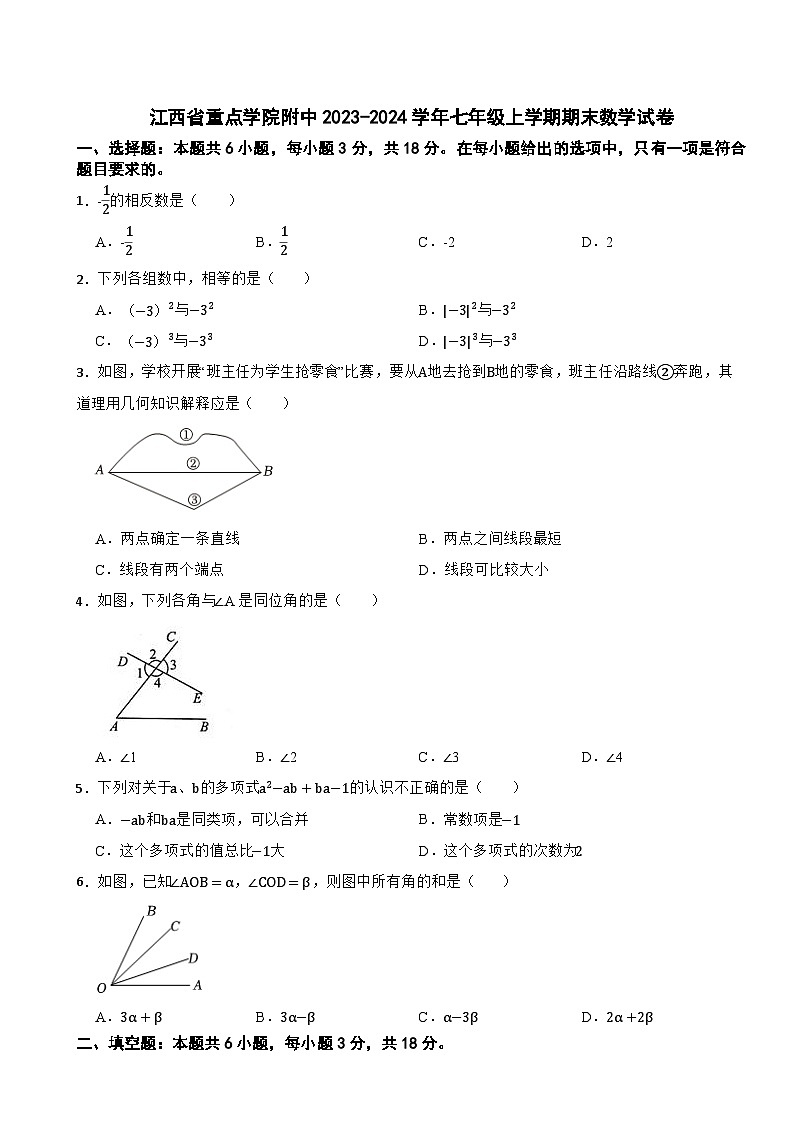 江西省重点学院附中2023-2024学年七年级上学期期末数学试卷第1页