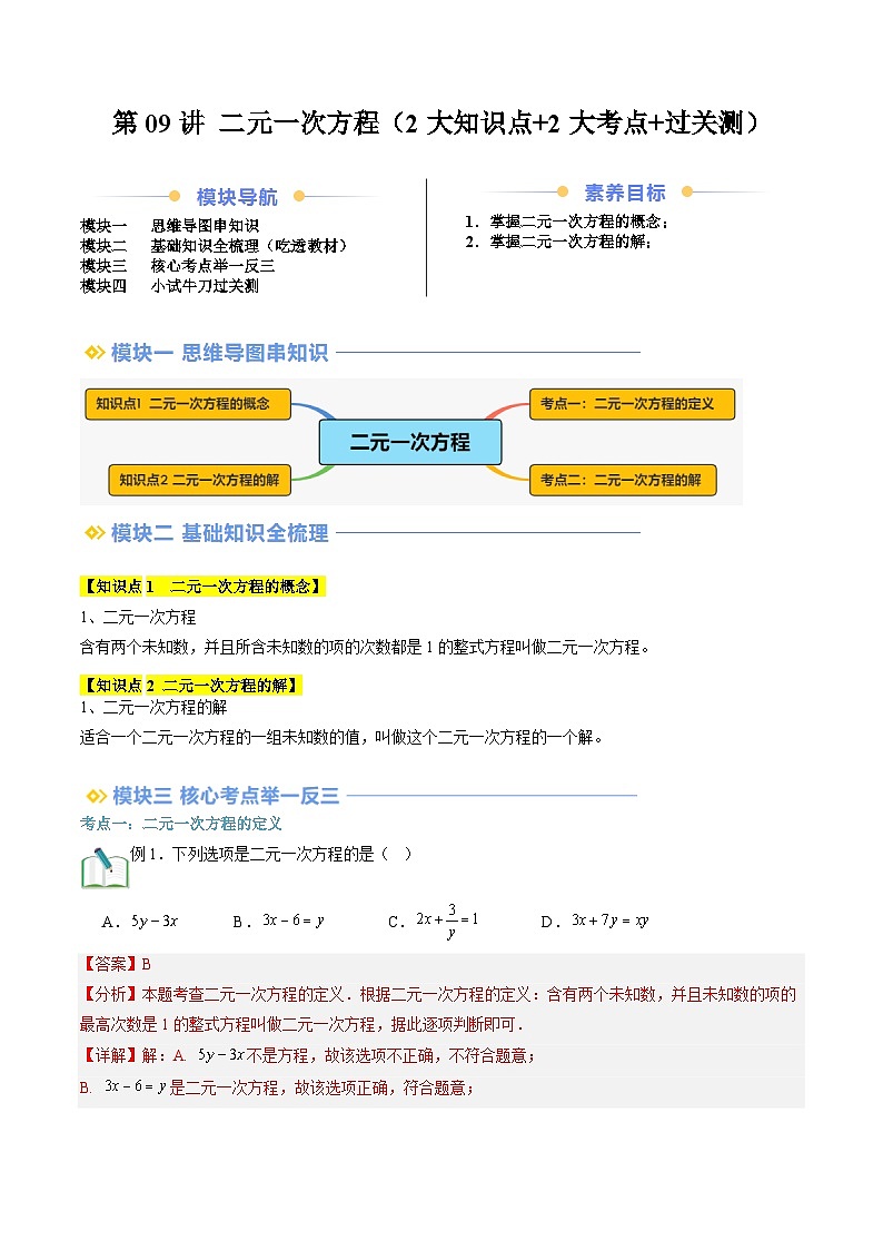 第09讲 二元一次方程（2大知识点+2大考点+过关测）（解析版）第1页