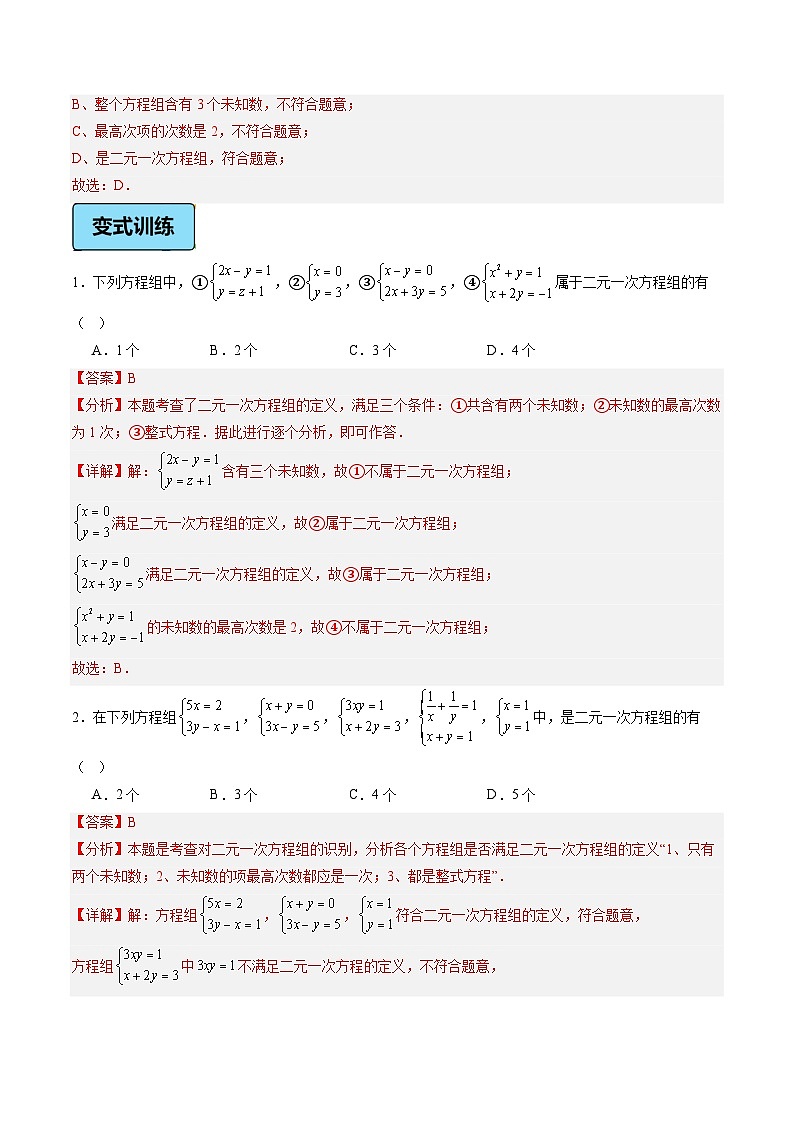 第10讲 二元一次方程组和它的解（2大知识点+3大考点+过关测）（解析版）第2页