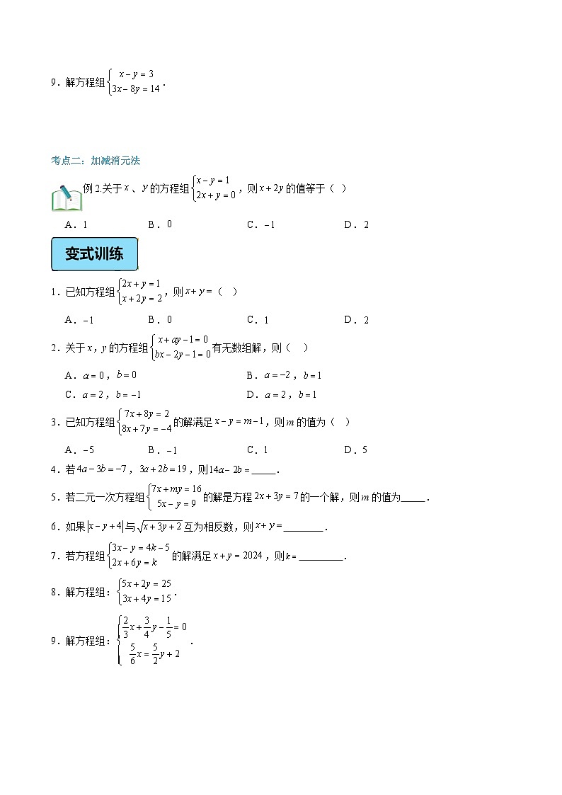 第11讲 解二元一次方程组（2大知识点+7大考点+过关测）（原卷版）第3页