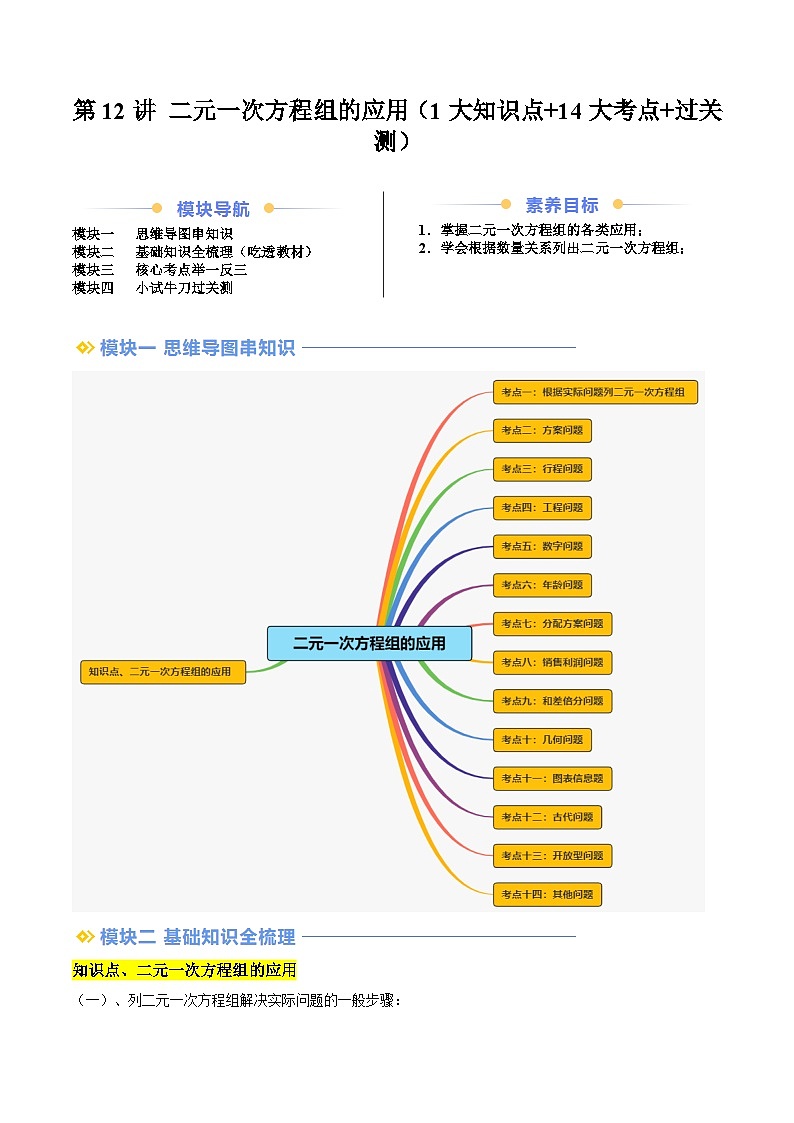 第12讲 二元一次方程组的应用（1大知识点+14大考点+过关测）（原卷版）第1页