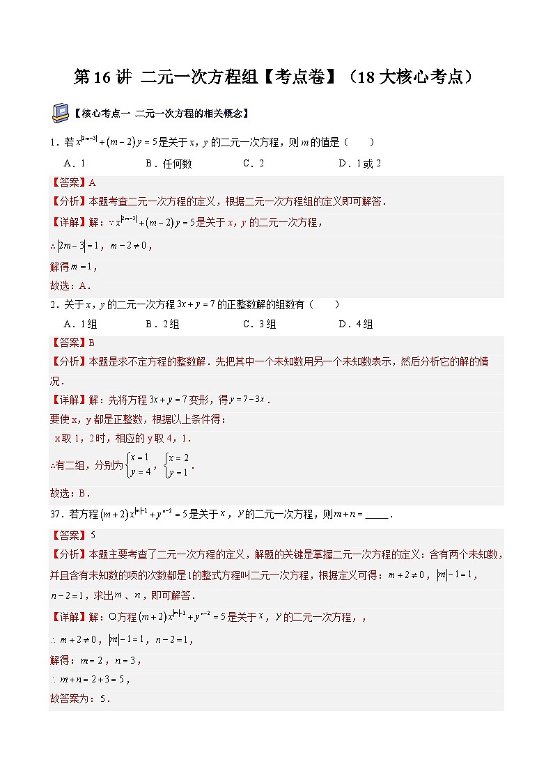 第15讲 二元一次方程组【考点卷】（18大核心考点）（解析版）第1页