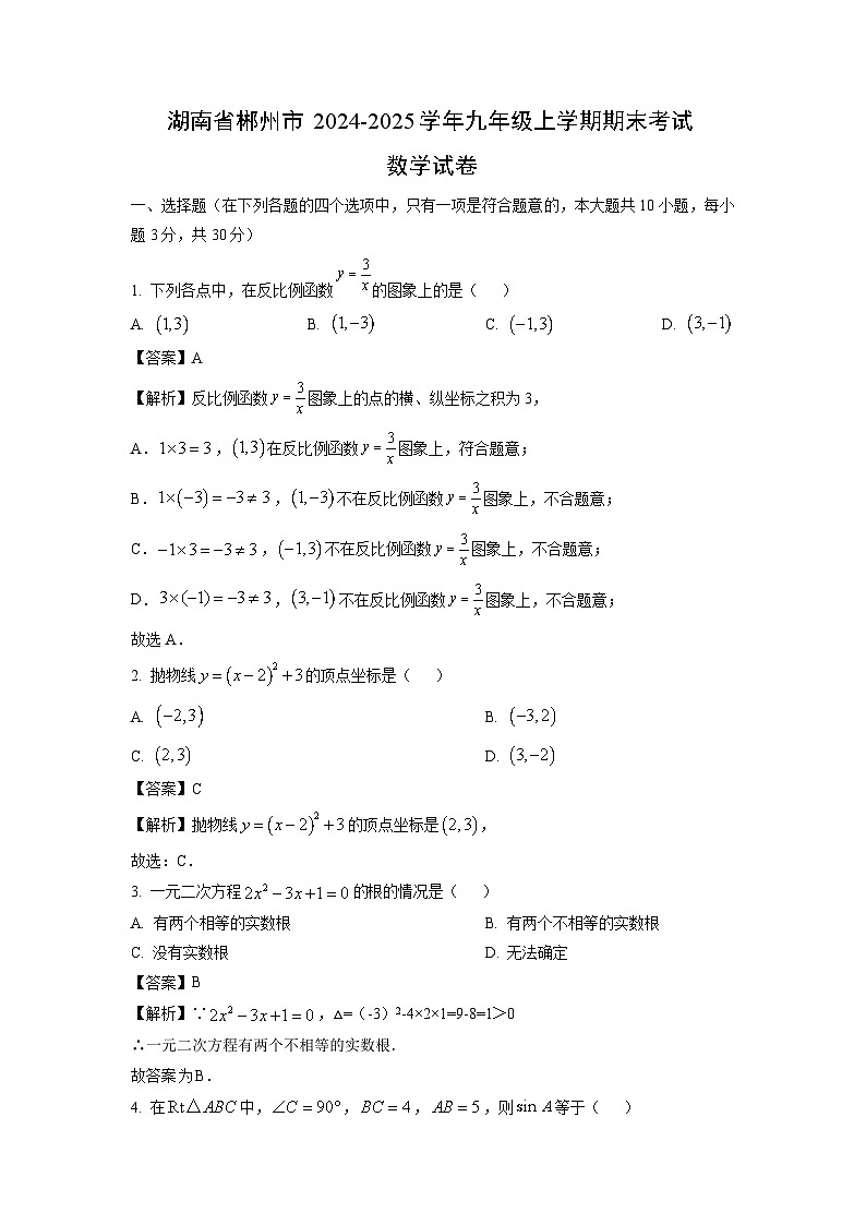 2024~2025学年湖南省郴州市九年级上学期期末考试数学试卷（解析版）第1页