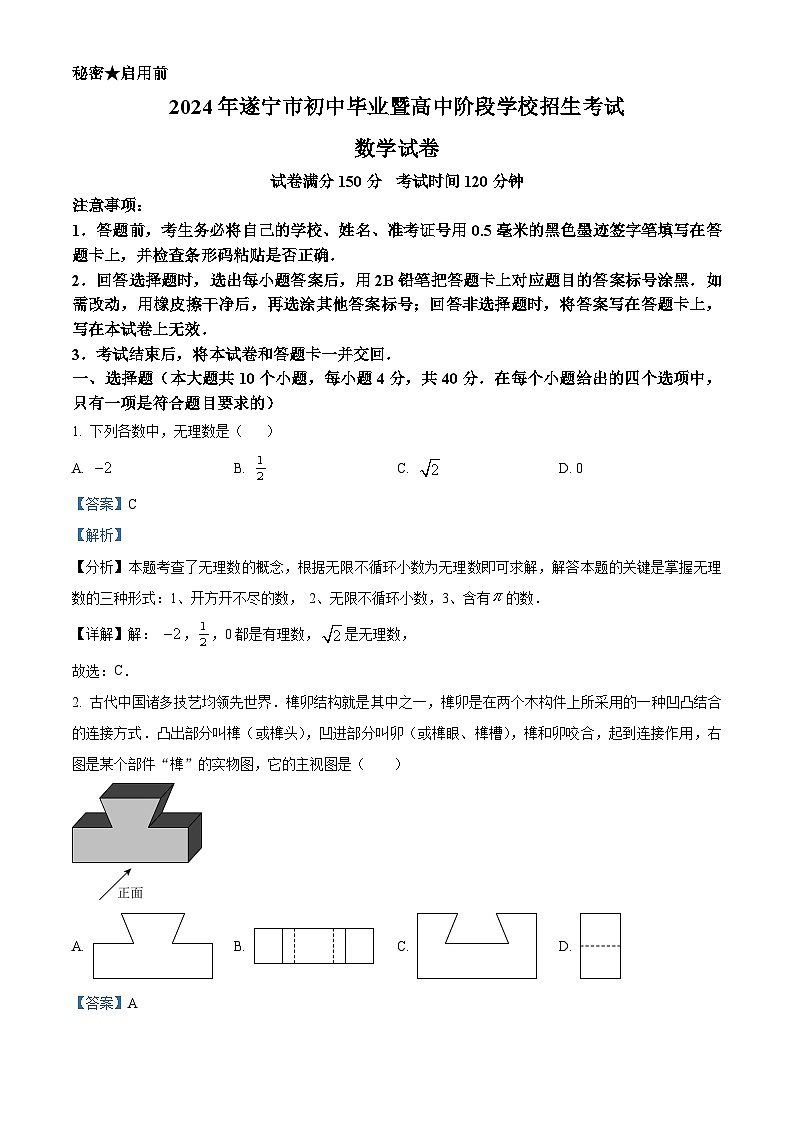 精品解析：2024年四川省遂宁市中考数学试题（解析版）第1页