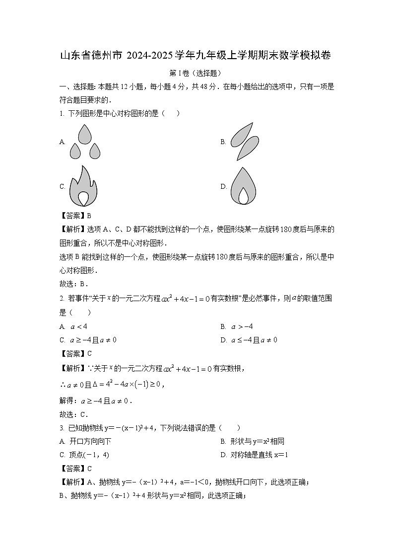 2024~2025学年山东省德州市九年级上学期期末模拟卷数学试卷（解析版）第1页