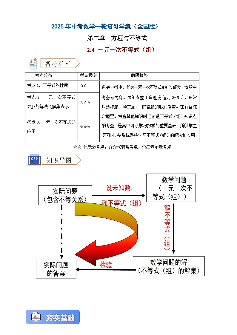 2025年中考数学一轮复习学案：2.4 一元一次不等式（组）（教师版） 第1页