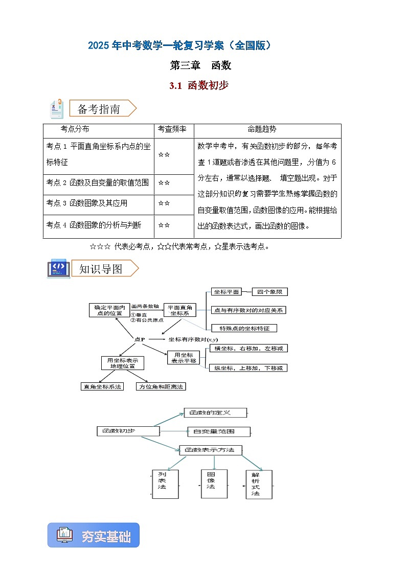 2025年中考数学一轮复习学案：3.1 函数初步 （教师版） 第1页