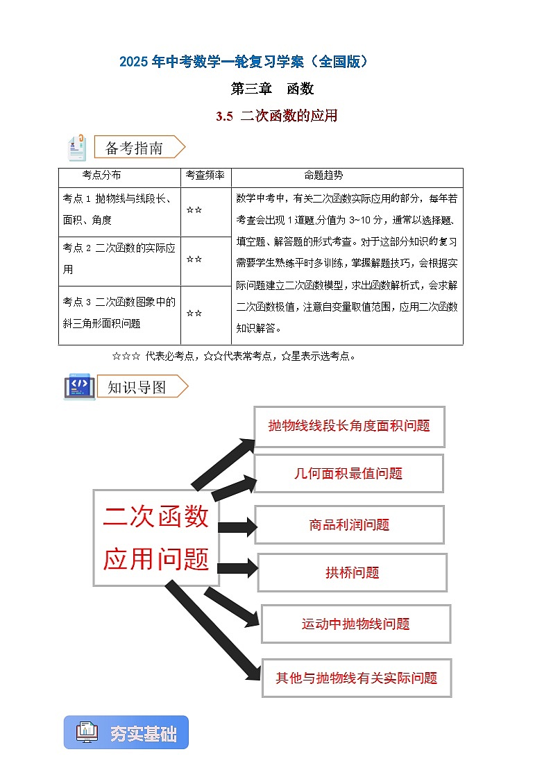2025年中考数学一轮复习学案：3.5  二次函数的应用 （教师版） 第1页