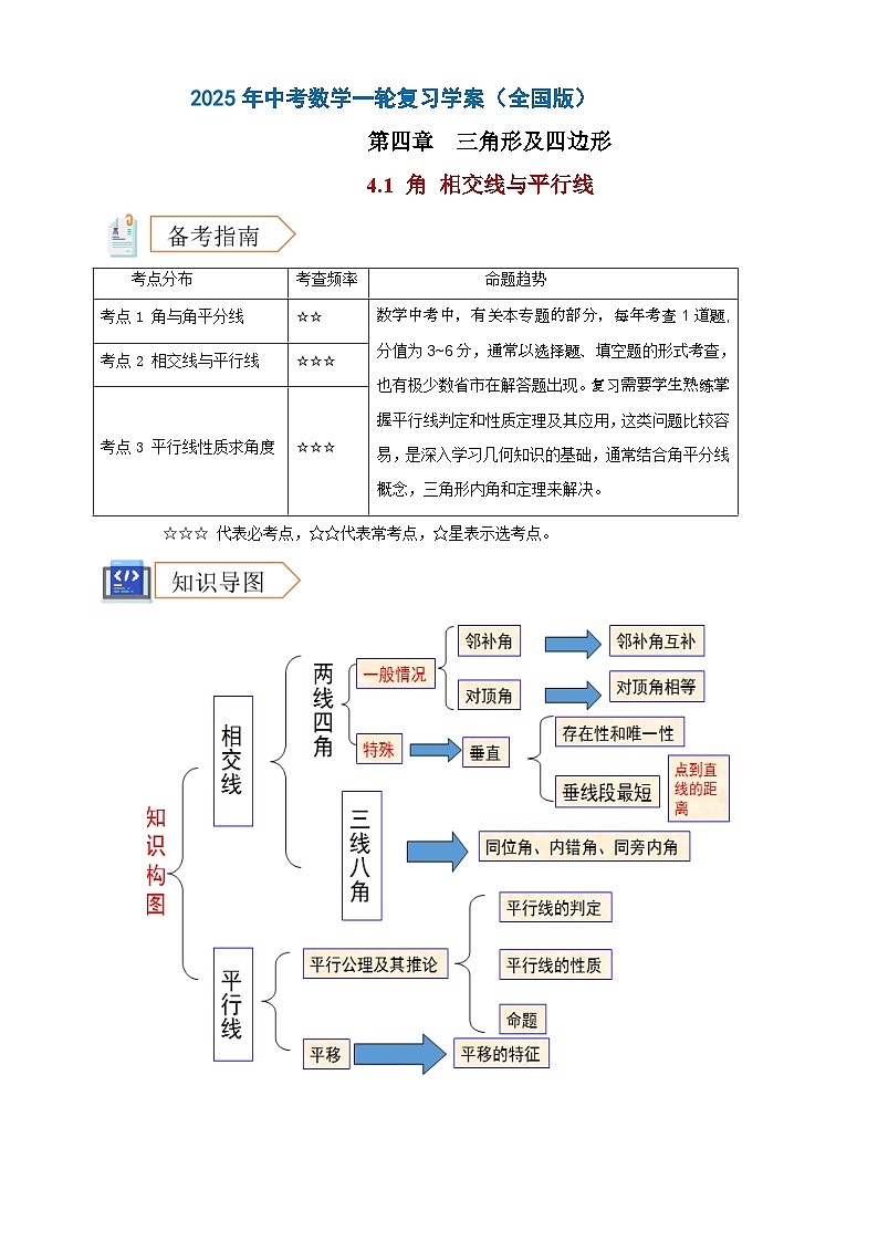 2025年中考数学一轮复习学案：4.1 角 相交线与平行线 （学生版）第1页