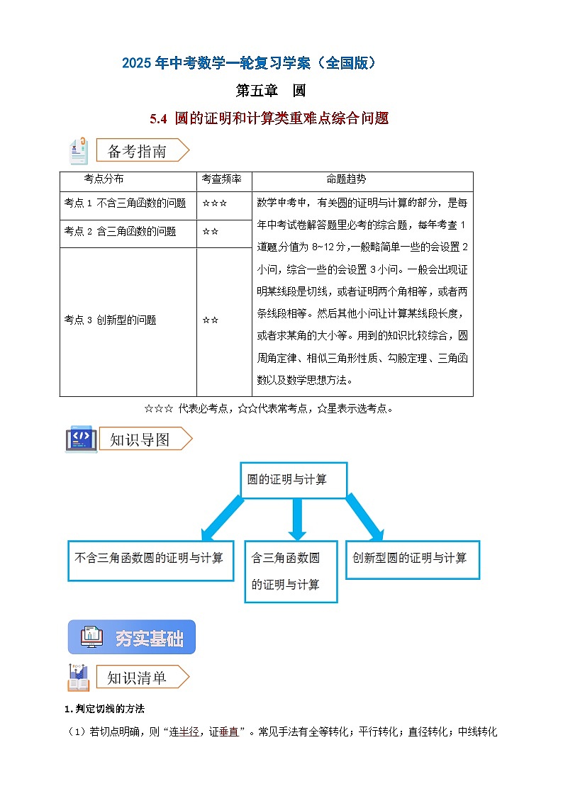 2025年中考数学一轮复习学案：5.4 圆的证明和计算类重难点综合问题 （教师版）第1页