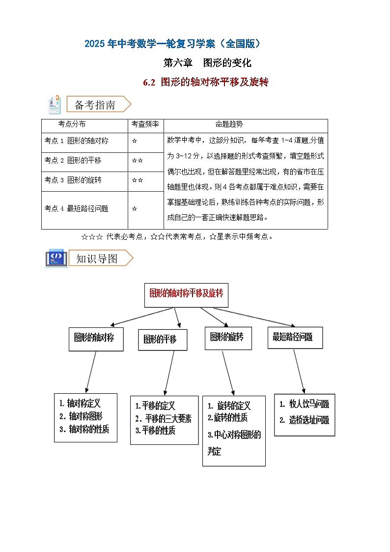 2025年中考数学一轮复习学案：6.2 图形的轴对称平移及旋转 （学生版） 第1页