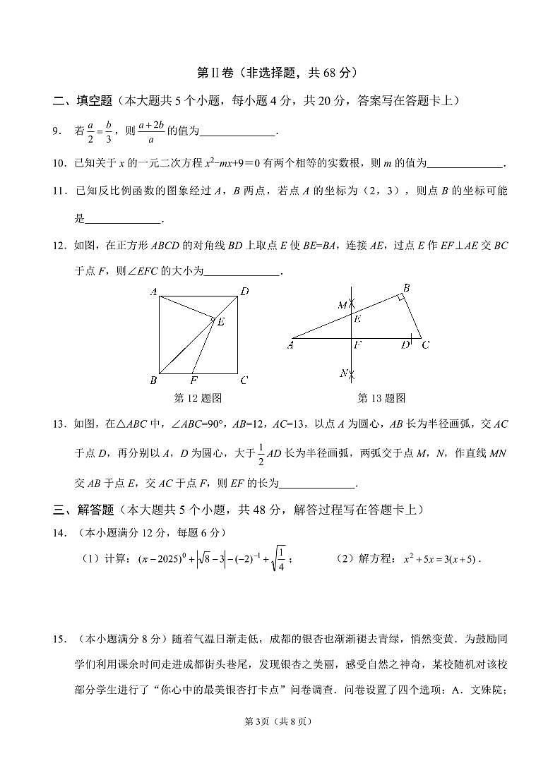 2024-2025学年成都锦江区九上数学期末考试试卷【含答案】第3页