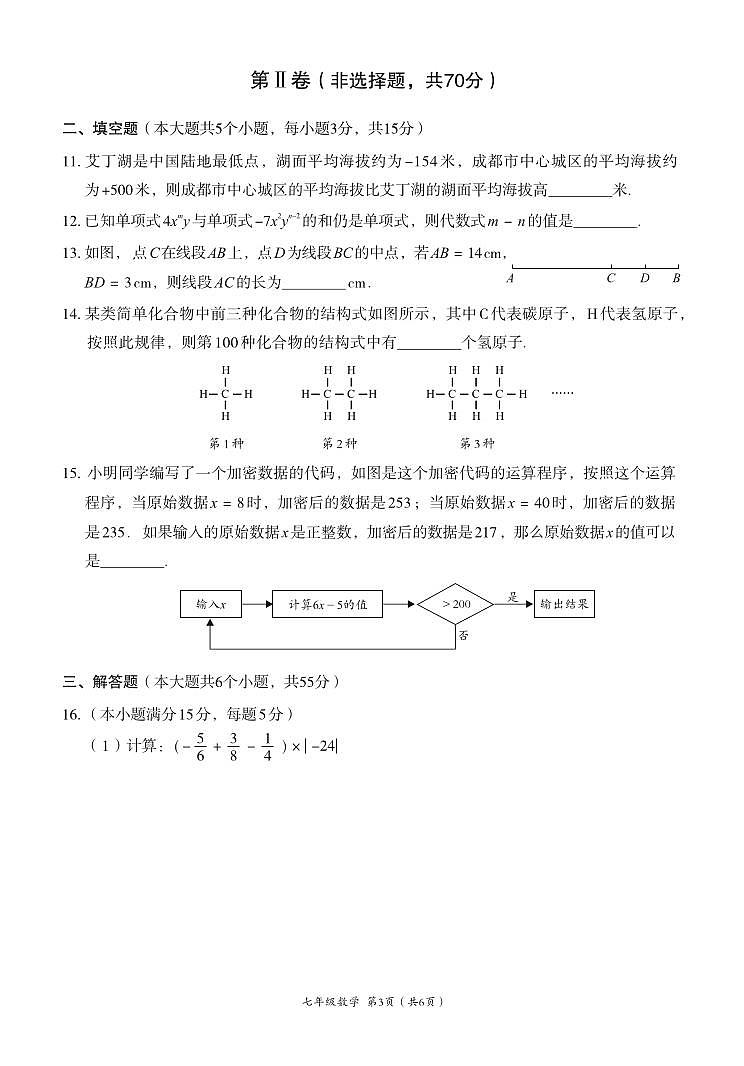 2024-2025学年成都武侯区七上数学期末考试试卷【含答案】第3页