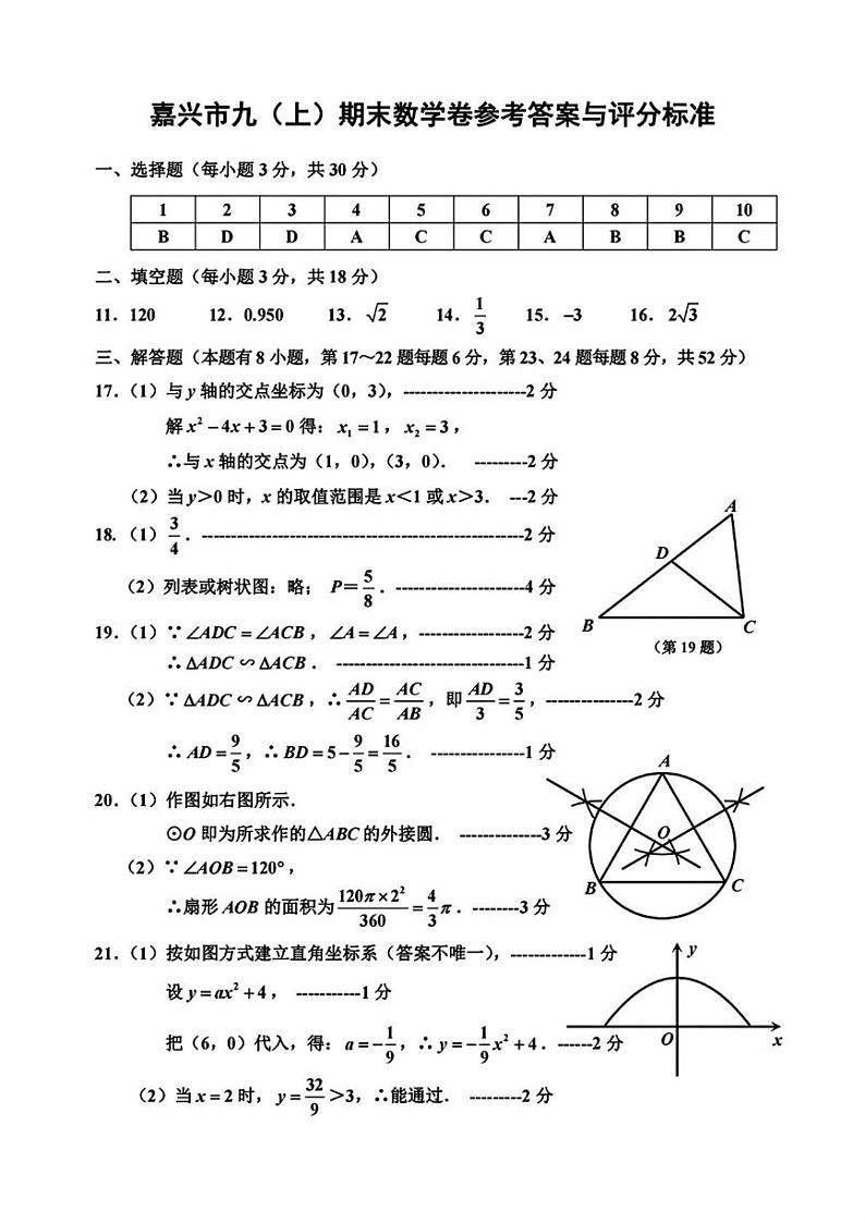 嘉兴市九(上)期末数学卷参考答案与评分标第1页