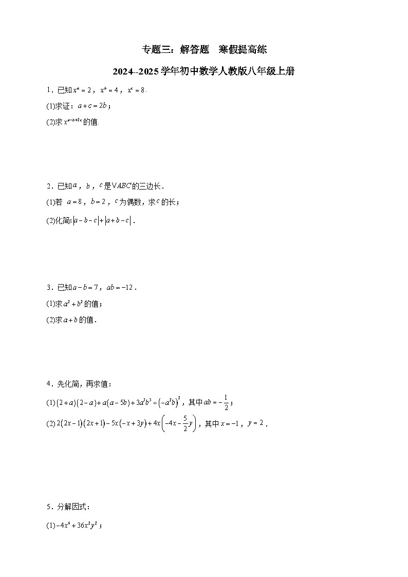 专题三：解答题  寒假提高练   2024--2025学年初中数学人教版八年级上册第1页