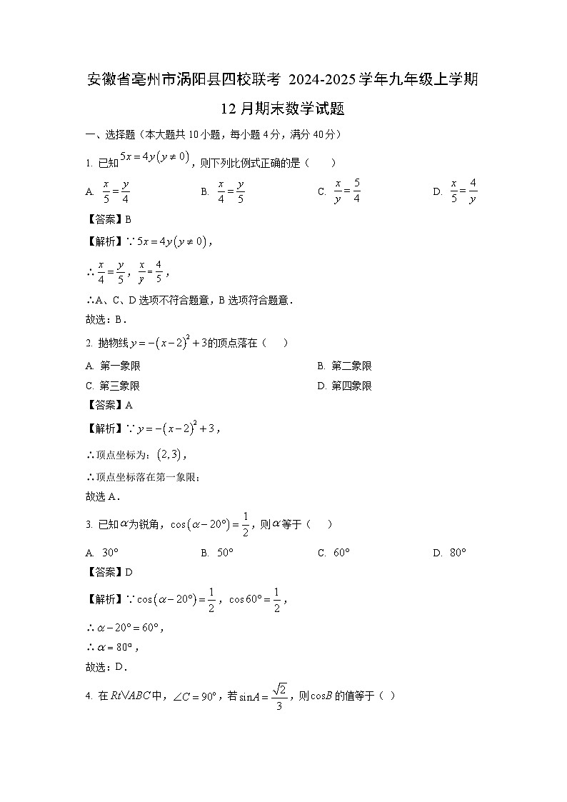 2024-2025学年安徽省亳州市涡阳县四校联考九年级上学期12月期末数学试卷（解析版）第1页