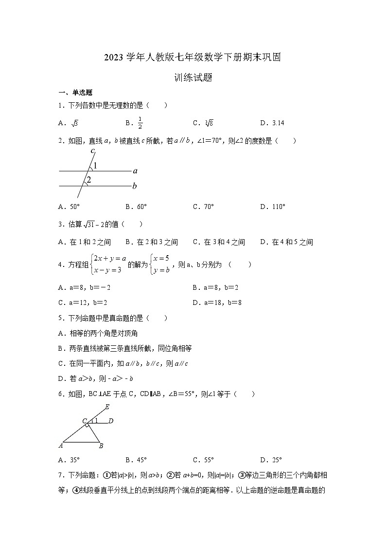 人教版七年级数学下册  期末巩固训练试题第1页