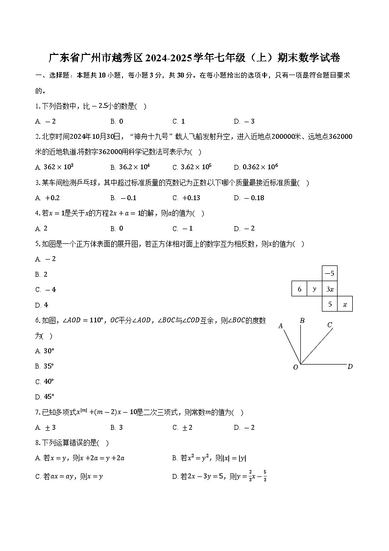 广东省广州市越秀区2024-2025学年七年级（上）期末数学试卷第1页