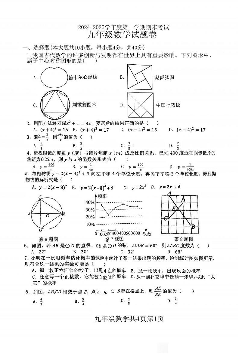 安徽省阜阳市第十五中学2024-2025学年上学期九年级上学期期末考试数学试卷第1页