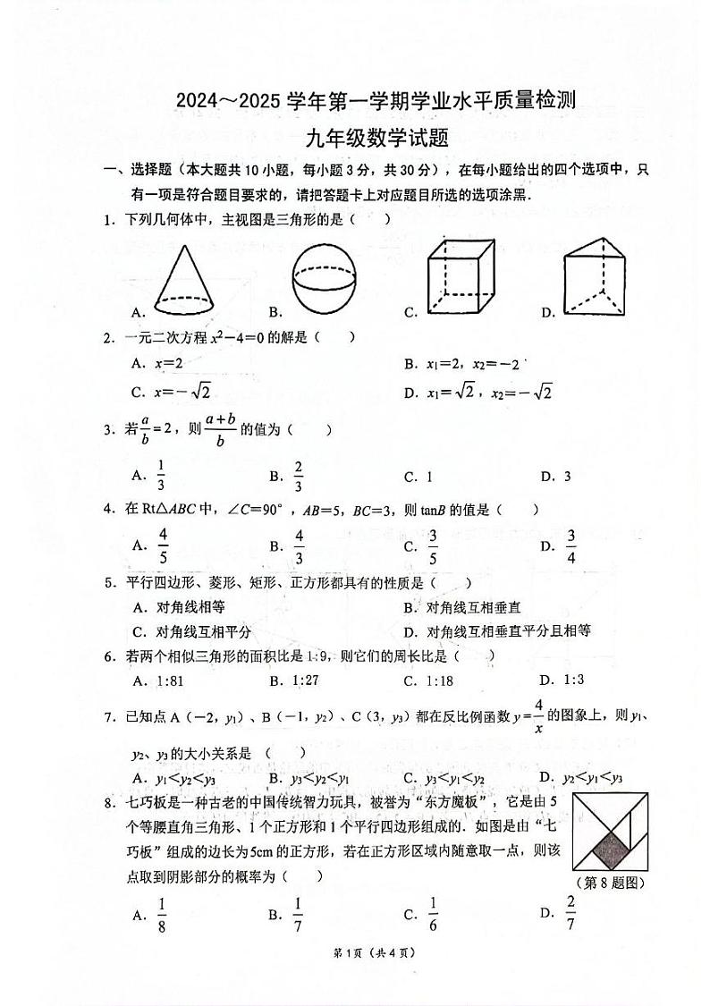 广东省梅州市丰顺县2024-2025学年九年级上学期1月期末数学试题第1页