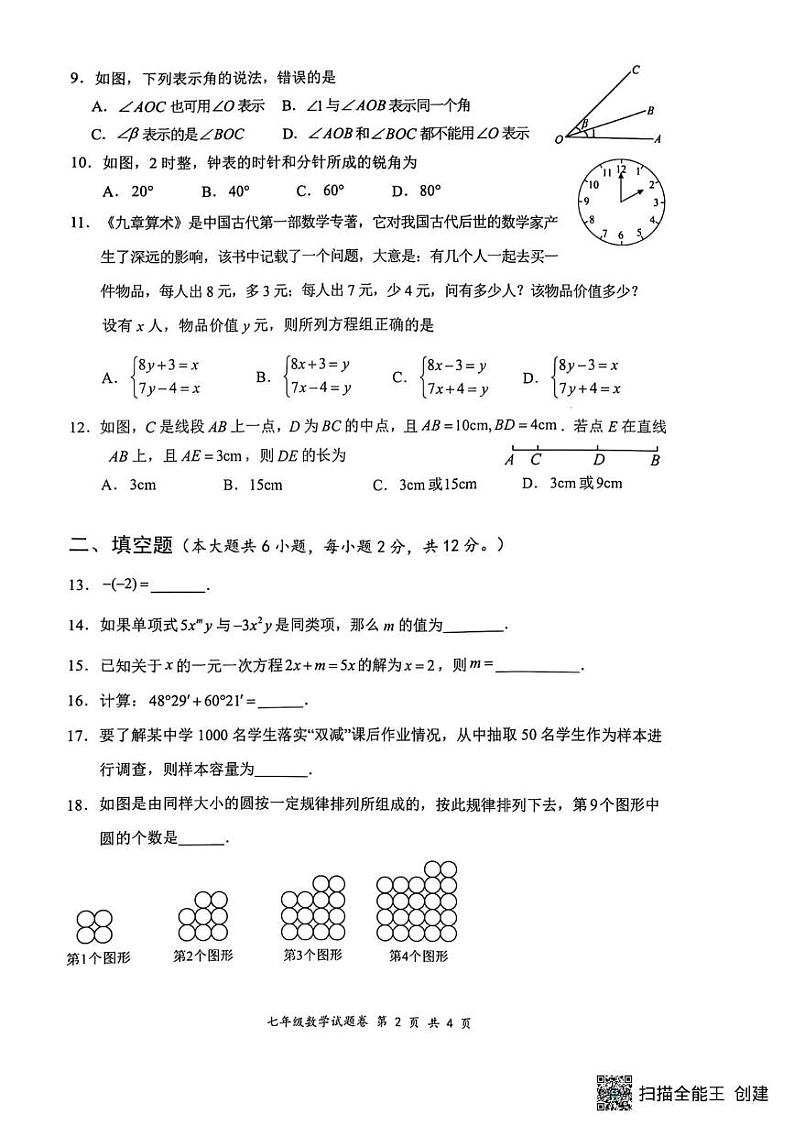 广西梧州市苍梧县2024—2025学年上学期七年级期末数学试卷第2页
