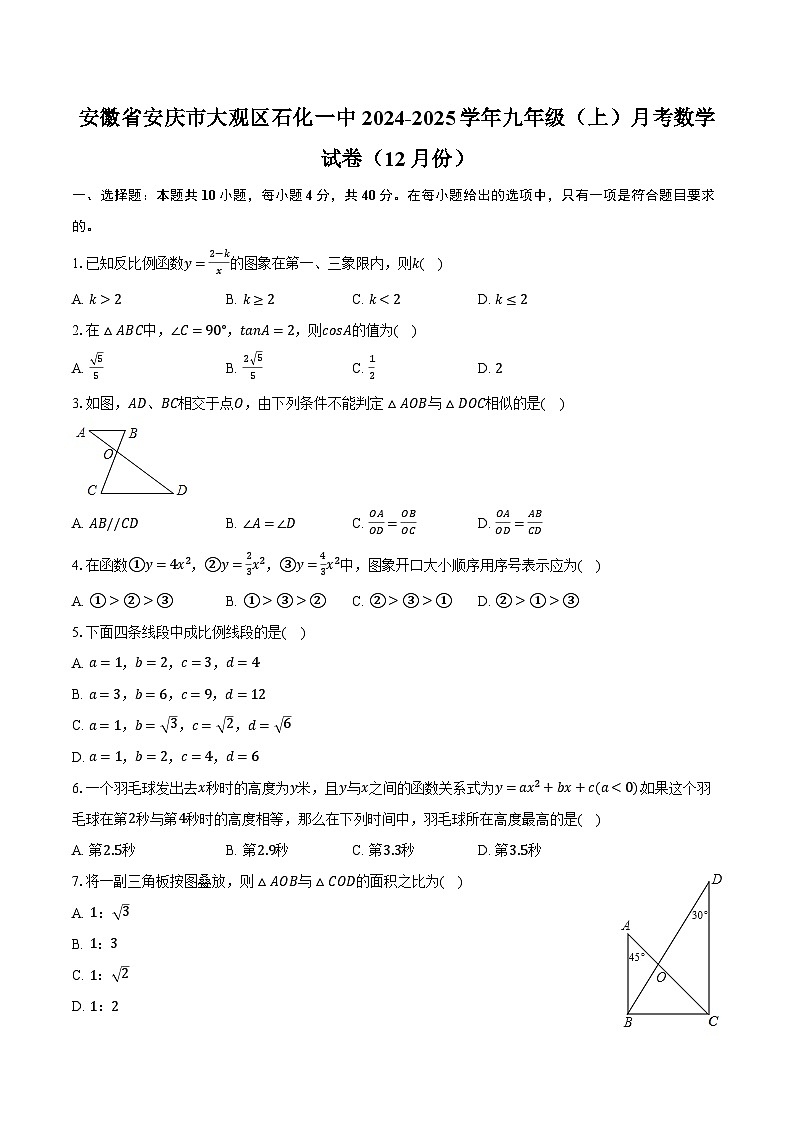 安徽省安庆市大观区石化一中2024-2025学年九年级（上）月考数学试卷（12月份）第1页