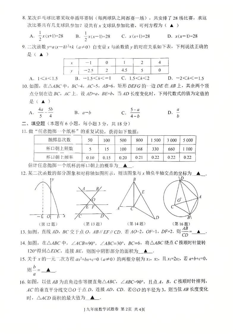 浙江省台州市2024—-2025学年九年级上学期期末数学卷第2页