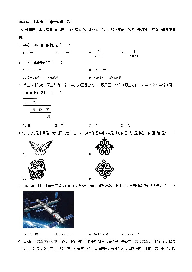 2024年山东省枣庄市中考数学模拟试卷第1页