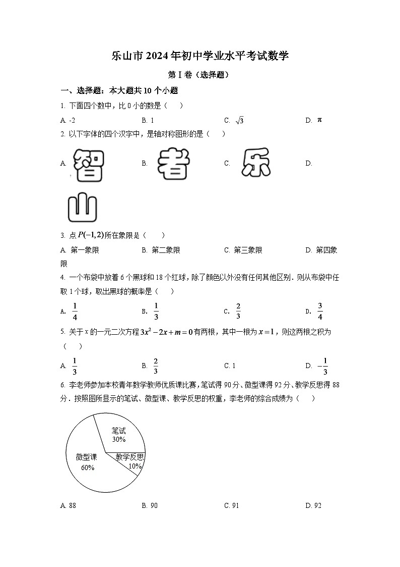 2024年四川省乐山市中考数学模拟试卷（原卷版）第1页