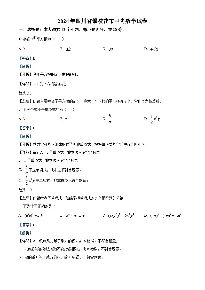 2024年四川省攀枝花市中考数学模拟试卷（解析版）第1页