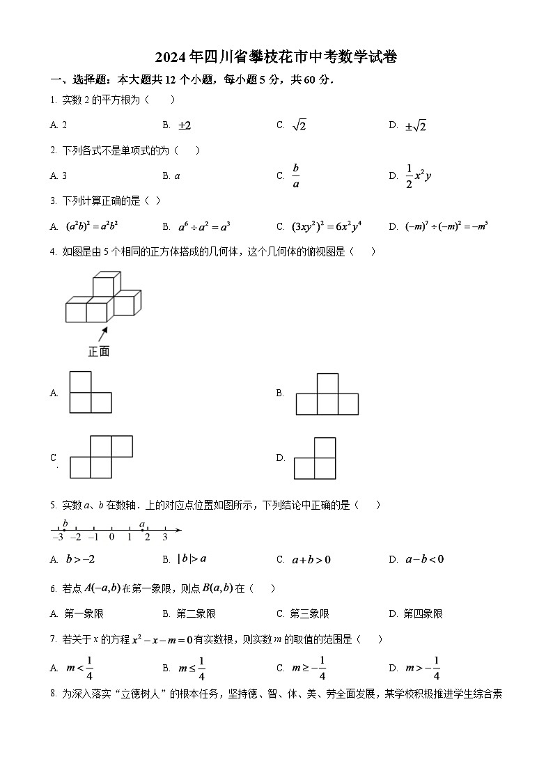 2024年四川省攀枝花市中考数学模拟试卷（原卷版）第1页
