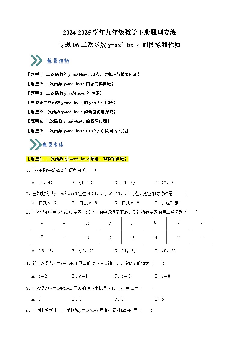 专题06 二次函数y=ax²+bx+c的图象和性质-2024-2025学年九年级数学下册题型专练（苏科版）第1页