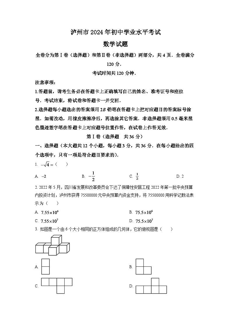 2024年四川省泸州市中考数学模拟试卷（原卷版）第1页