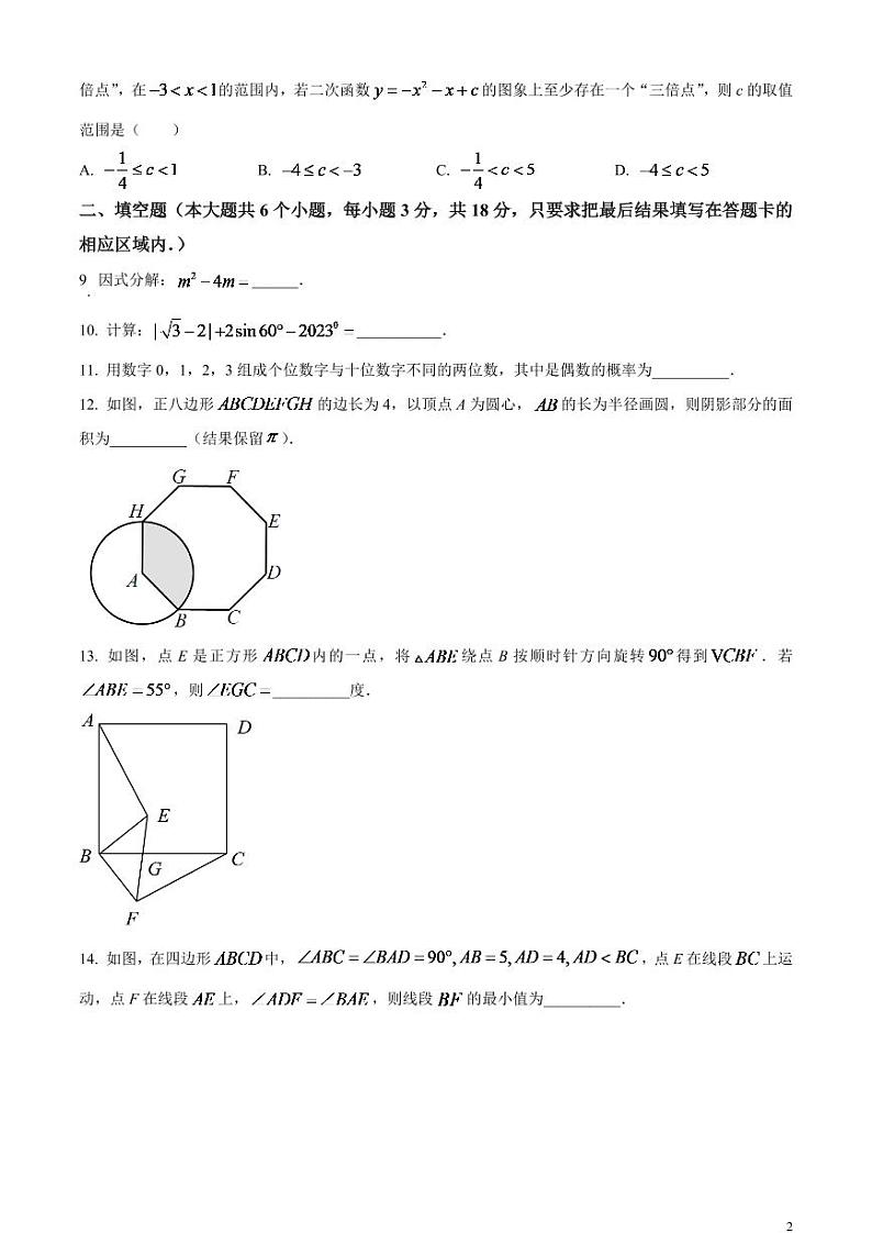 2024年山东省菏泽市中考数学模拟试卷（原卷版）第2页