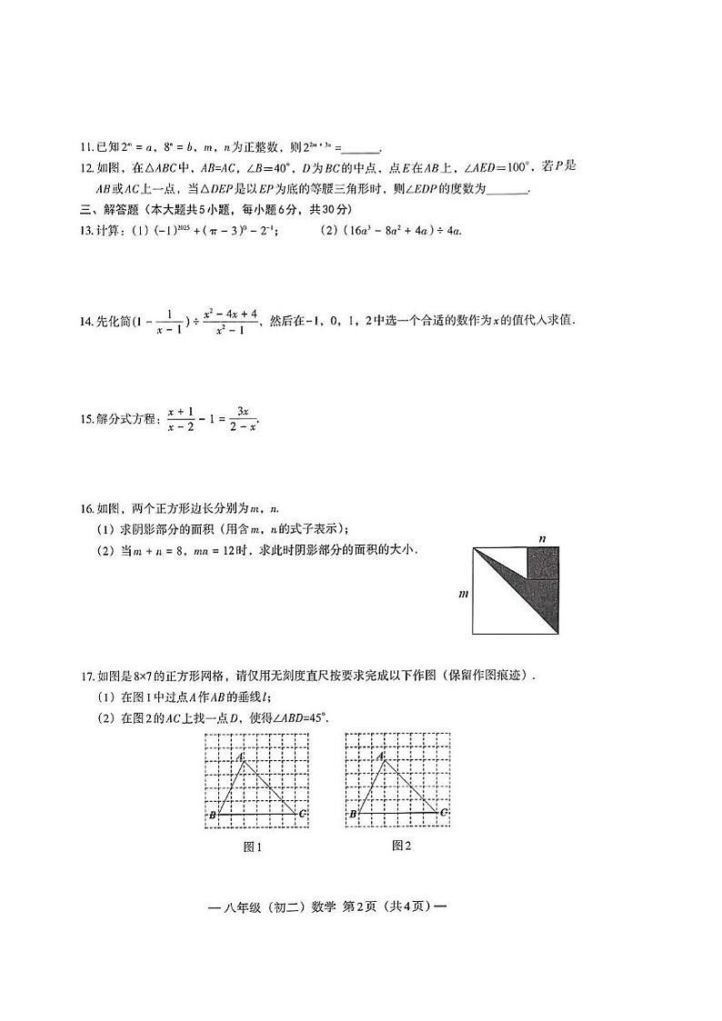 江西省南昌市2024-2025学年上学期期末测试卷八年级 数学试卷（PDF版）第2页
