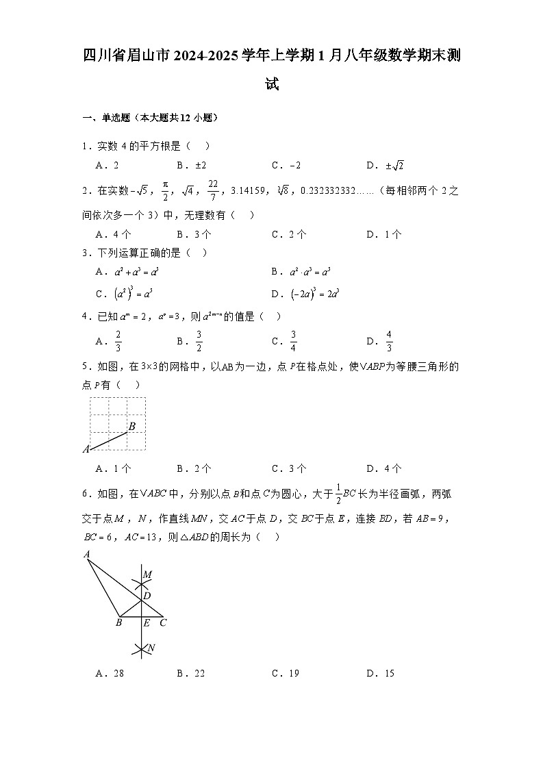 四川省眉山市2024-2025学年上学期1月八年级 数学期末测试（含解析）第1页
