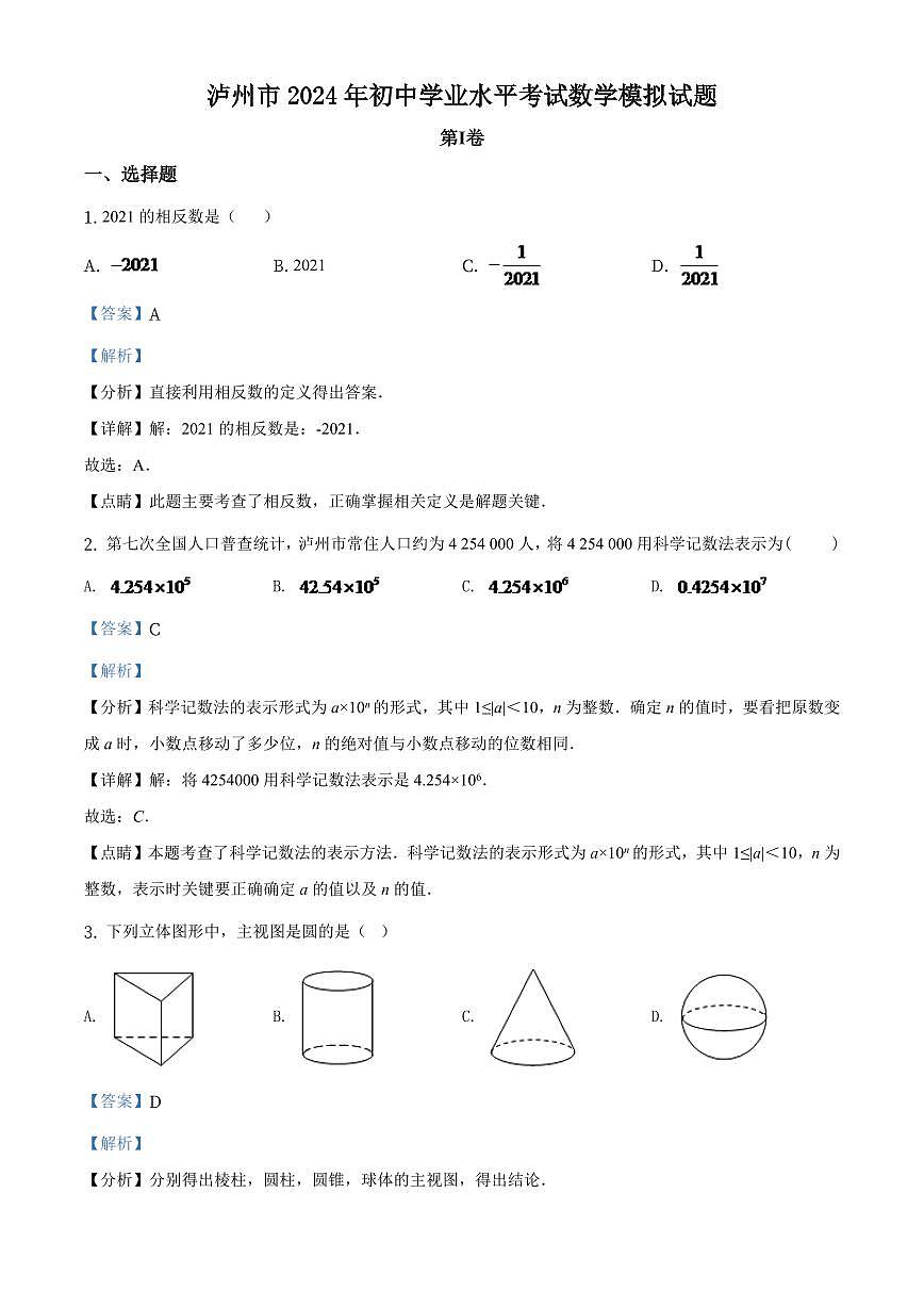 四川省泸州市2024年中考数学模拟（解析版）第1页