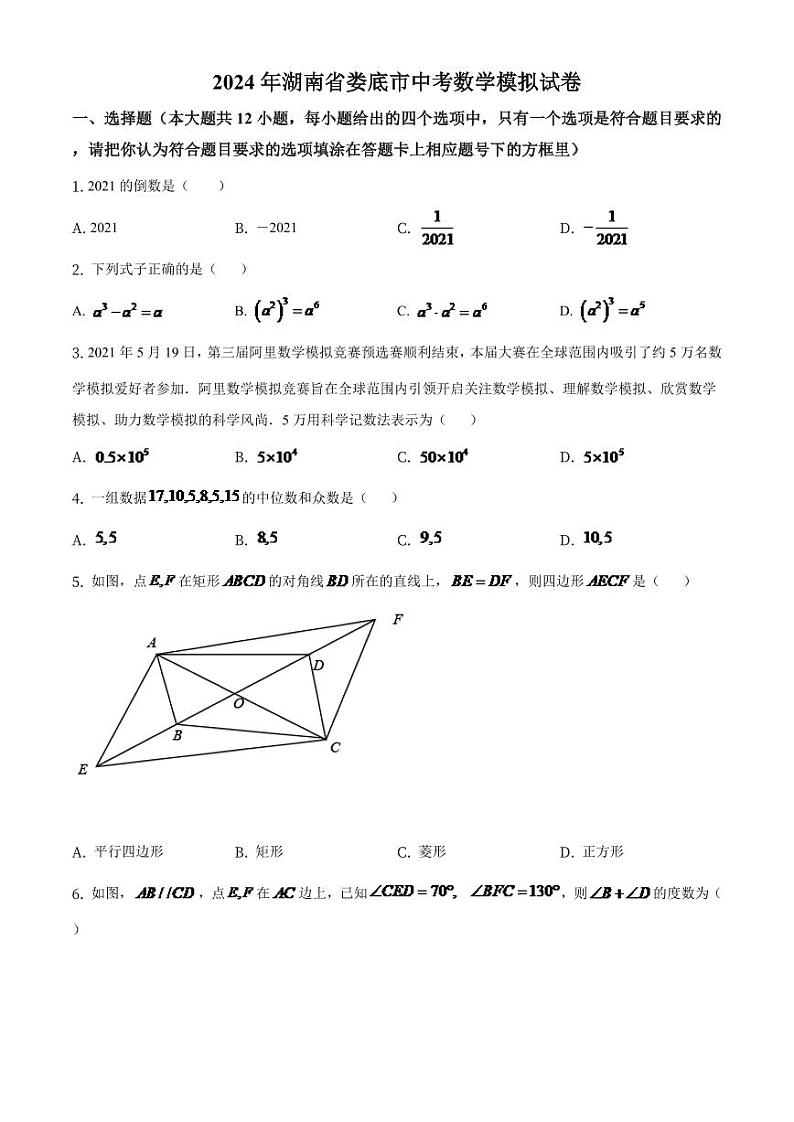 湖南省娄底市2024年中考数学模拟（原卷版）第1页