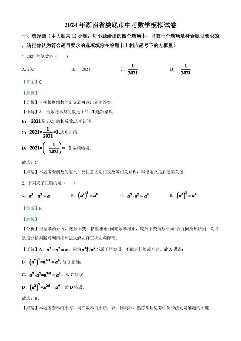 湖南省娄底市2024年中考数学模拟（解析版）第1页