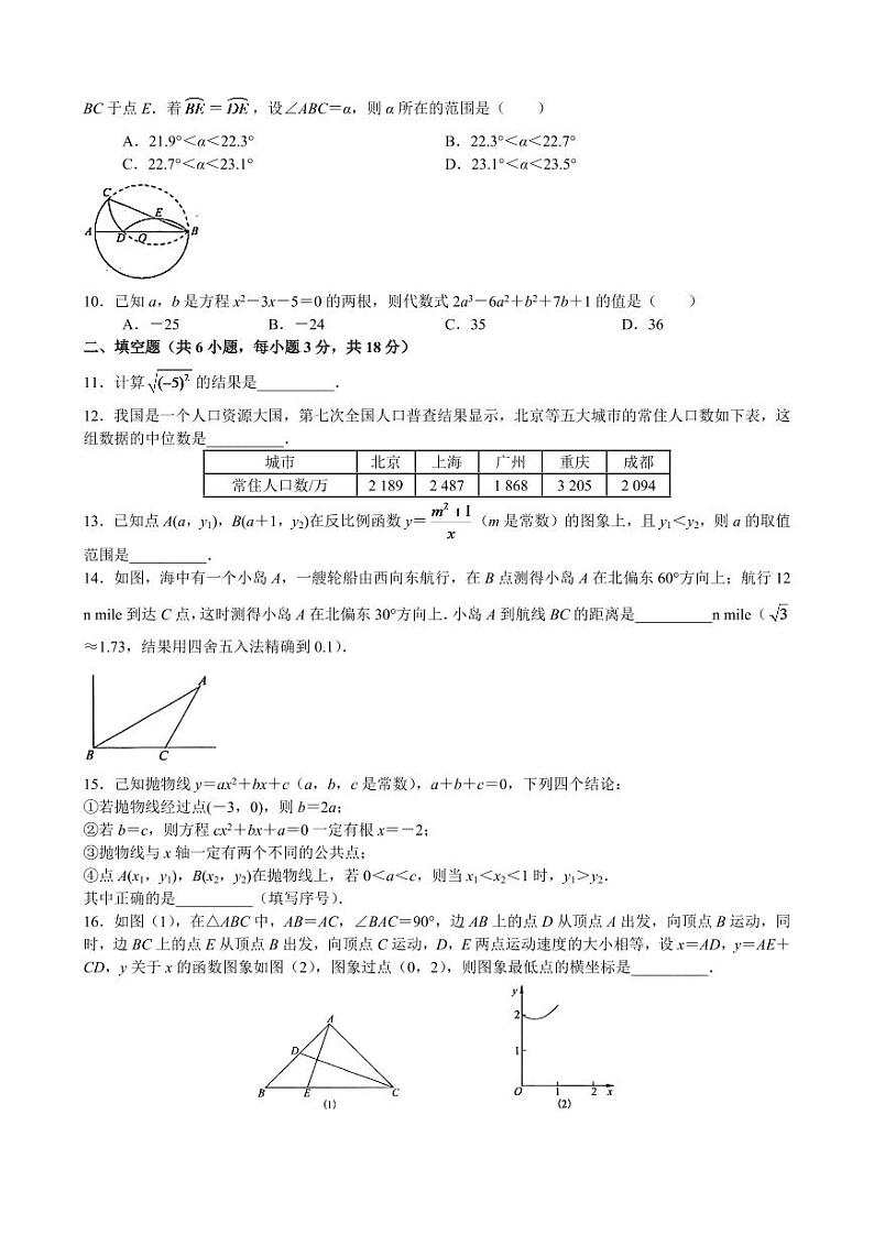 2024年武汉市初中毕业生学业考试数学模拟试卷第2页
