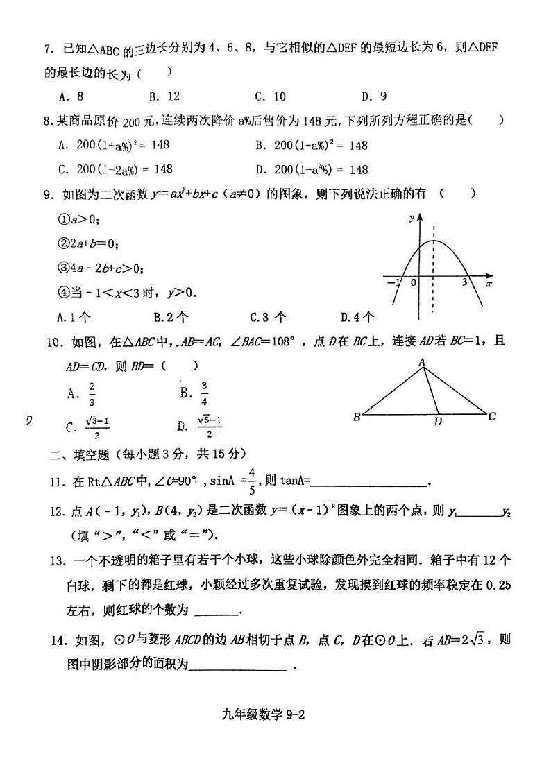 河南省信阳市淮滨县2024-2025学年上学期九年级数学期末测试题第2页