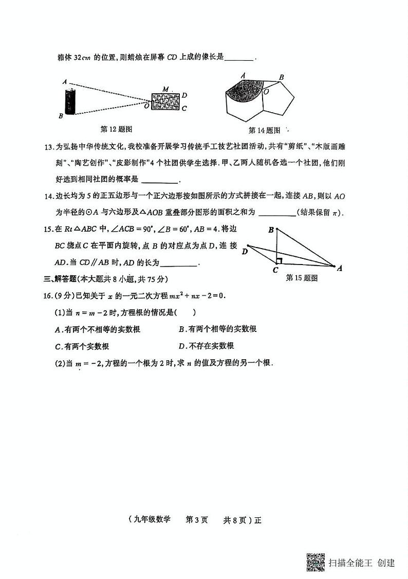 河南省驻马店市正阳县2024-2025学年九年级上学期1月期末数学试题第3页