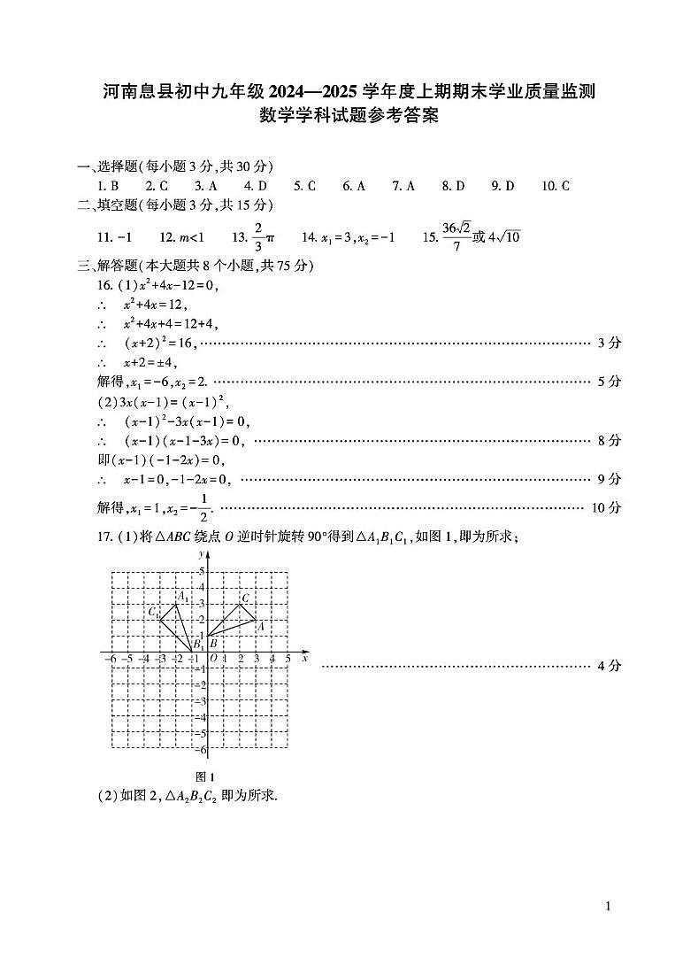 河南息县2024-2025学年九年级期末数学试题（带答案） 数学九年级-答案第1页