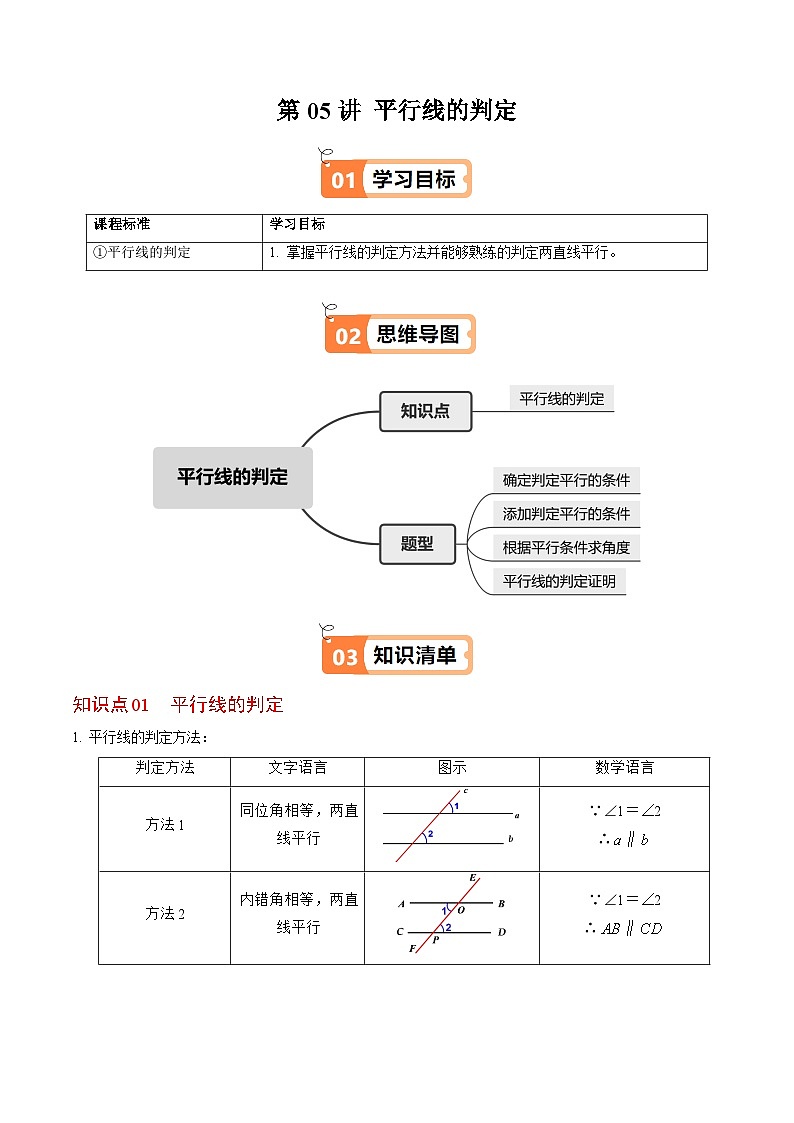 7.2.2  平行线的判定 - 知识点梳理+练习（含答案解析）第1页
