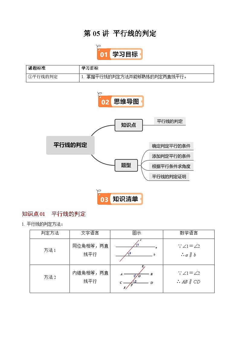 7.2.2  平行线的判定 - 知识点梳理+练习第1页