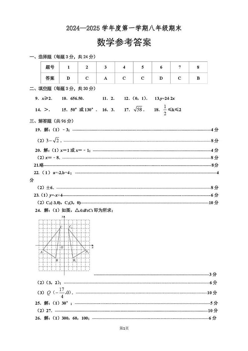 八年级上期末数学参考答案第1页