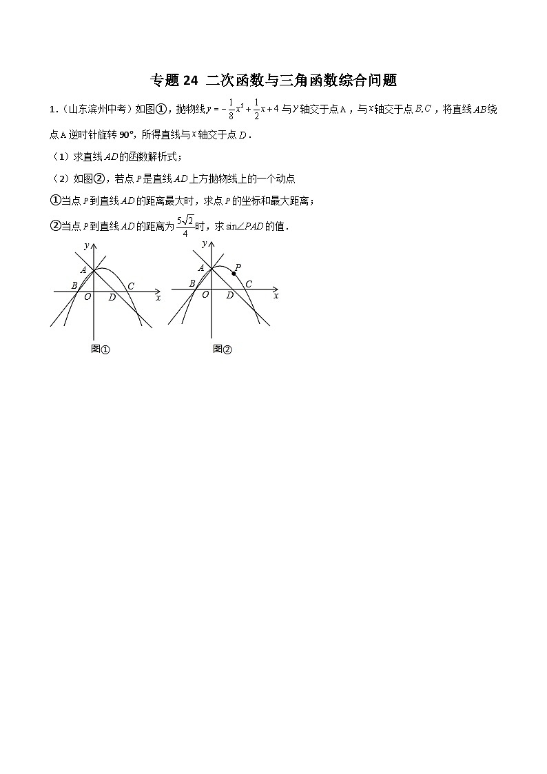 中考数学二轮复习二次函数重难点练习专题24 二次函数与三角函数综合问题（原卷版）第1页